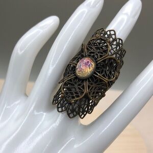Antique brass tone faux opal statement style large big cuff ring